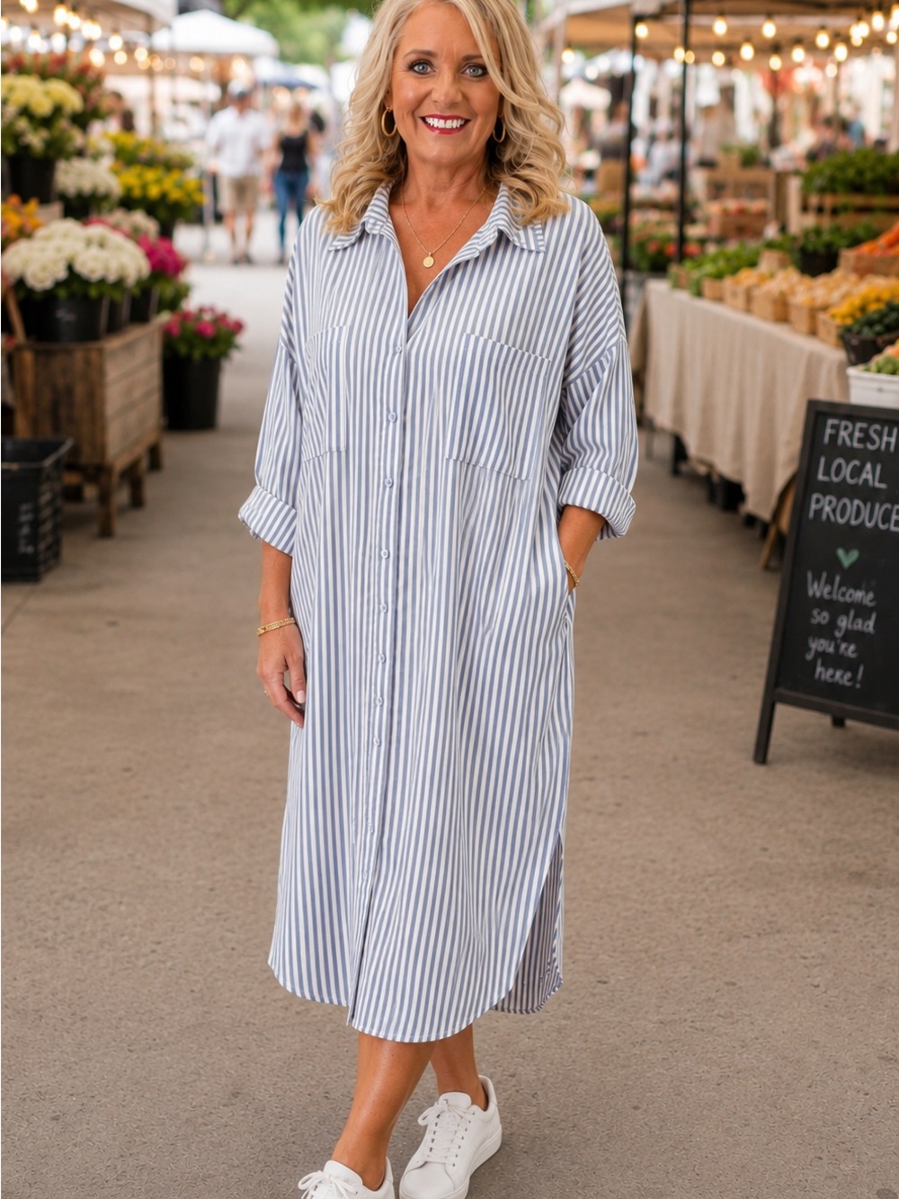 Striped Button-Front Midi Shirt Dress in Blue/White Size XL